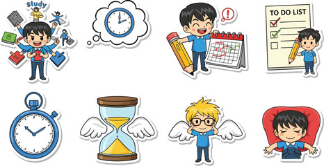Cartoon boy busy with tasks, planning, deadlines, and time management. Time management, productivity, organization, planning, deadlines, study.