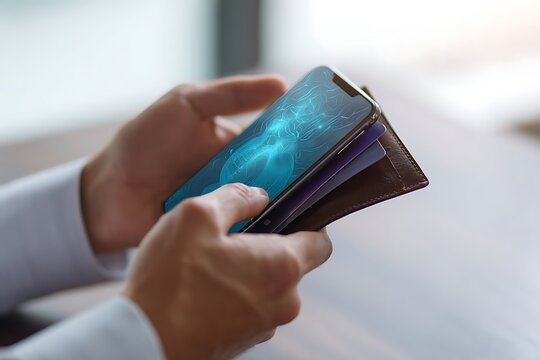 A person holds a smartphone with a complex digital graphic overlaid on the screen, while simultaneously holding a brown leather wallet containing multiple credit cards.