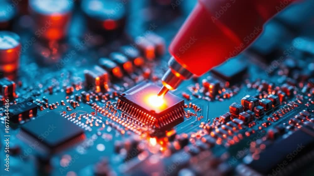 Poster close-up of electronic circuit board with microchip and precision tool for technology and engineerin