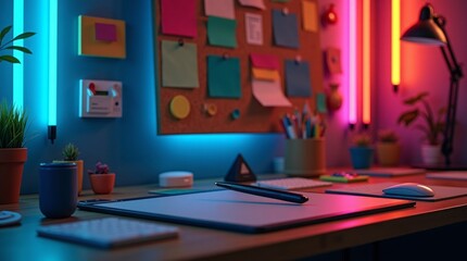 Creative workspace with colorful lighting and desk accessories neon