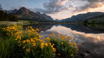 Naklejka premium a serene nature retreat with yellow flowers soft sunset sky calm lake and mountain reflection representing peaceful outdoor travel beauty relaxation and scenic wilderness escape