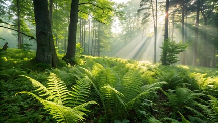 Fototapeta premium Beautiful forest landscape with sun rays shining through trees and ferns nature background image stock photo