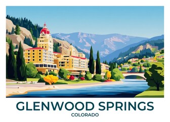 Glenwood Springs, Colorado Flat Retro Poster illustration, Landscape Travel Wall Art, Vintage High quality prints