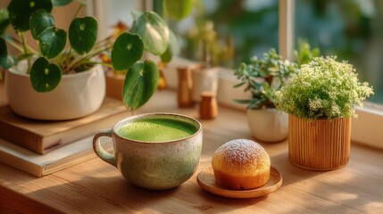 A cozy cafe scene with a steaming cup of matcha latte beside an open notebook and fresh pastry, morning light streaming through the window