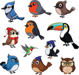 Obraz premium Cartoon birds, various cute species. Wildlife, ornithology, avian diversity, colorful, whimsical, playful, animal illustration, nature, birds, fauna