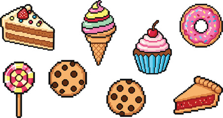 Pixel art image of cake, ice cream, cookies and donut. Sweets, pixelated, treats, dessert, retro, vintage, digital art.