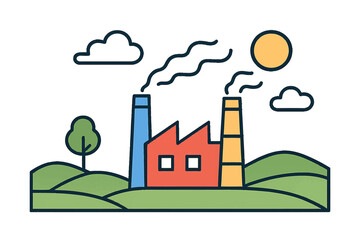 Naklejka premium Factory producing goods surrounded by hills and trees under a sunny sky
