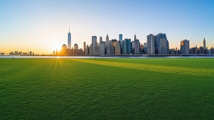 Cityscape over Green Field at Sunrise