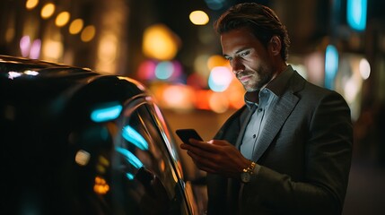 Man in suit uses phone near car at night setting