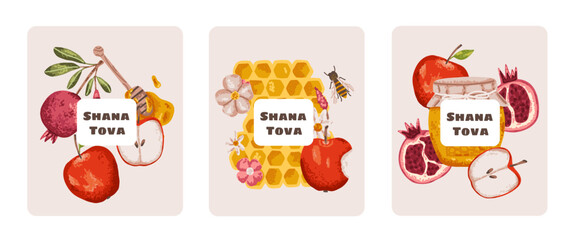 Happy Rosh Hashanah jewish new year. Shana Tova greeting card set in flat style