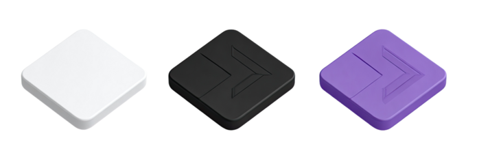 Three isometric square icons in white, black, and purple