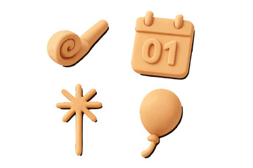 Decorative celebration items including a balloon, calendar, party horn, and starburst design on a white background