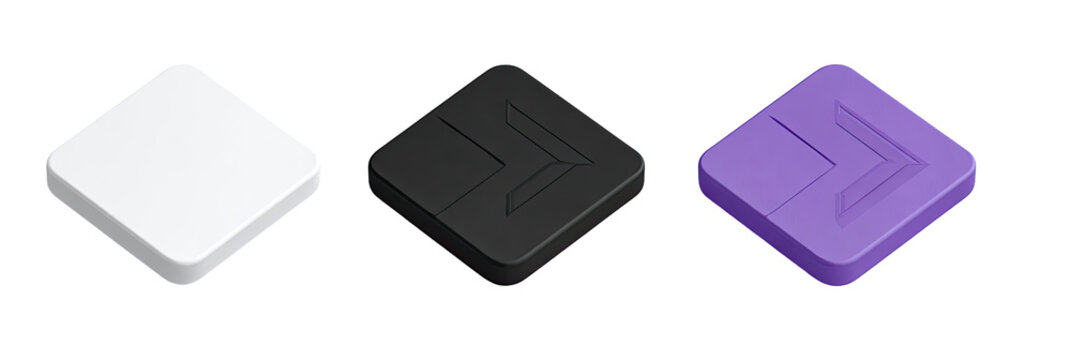 Three isometric square icons in white, black, and purple