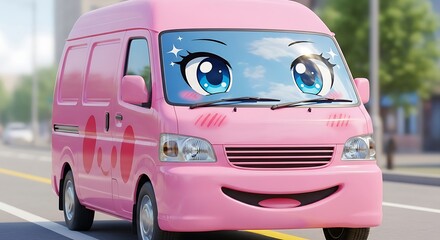 A pink cartoon van with large eyes and a smiling face drives on a city street
