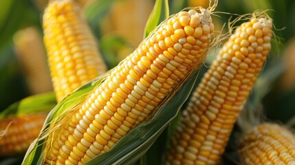 A close-up of a ripe corn cob in a field with green leaves.