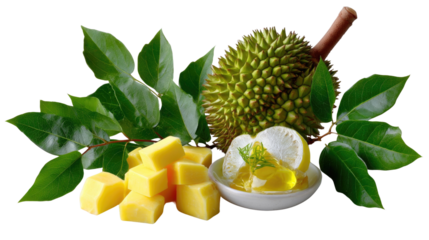 Durian and Mango Delight: A close-up of fresh durian and mango, complemented by refreshing jelly. A perfect representation of tropical goodness, and its unique flavors