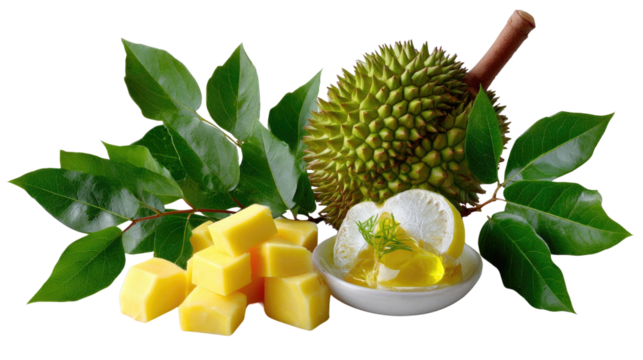 Durian and Mango Delight: A close-up of fresh durian and mango, complemented by refreshing jelly. A perfect representation of tropical goodness, and its unique flavors