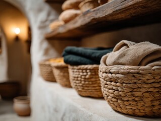 Obraz premium Rustic bakery with fresh bread loaves on wooden shelves and table. Artisan sourdough bread in traditional bakery interior. Cozy countryside atmosphere, natural textures, homemade bread background