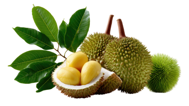 Durian Still Life: An artful composition of fresh durian fruit, revealing its creamy, custard-like flesh alongside its spiky outer shell and vibrant green leaves.