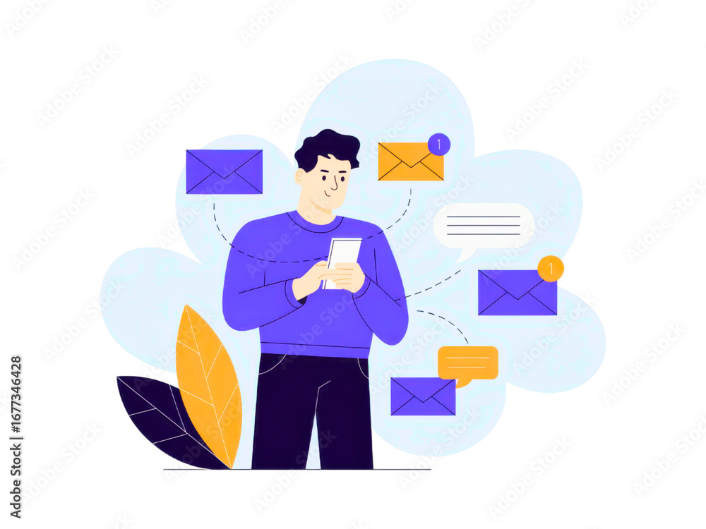 Aufkleber man delightfully checking messages on his phone, surrounded by floating emails and speech bubbles