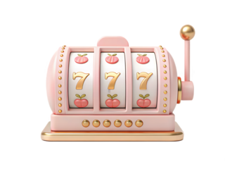 A pink slot machine shows a winning combination isolated on transparent background