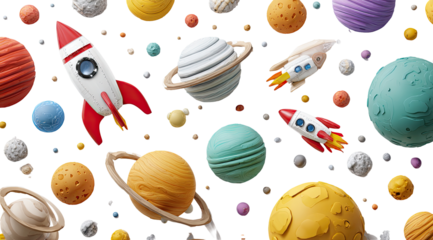 Colorful space scene with planets and rockets