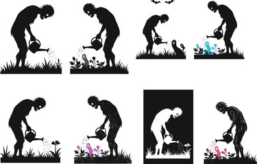 Zombie watering glowing plants, dark horror scene, undead silhouette, eerie garden, supernatural growth, creepy fantasy art, surreal nature illustration