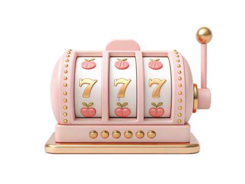 A pink slot machine shows a winning combination isolated on transparent background