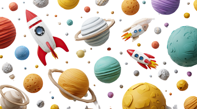 Colorful space scene with planets and rockets