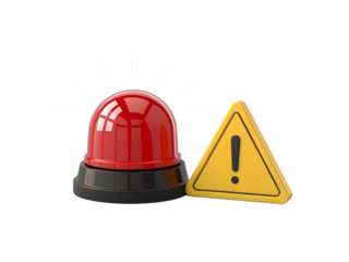 A red alarm light and warning sign isolated on transparent background