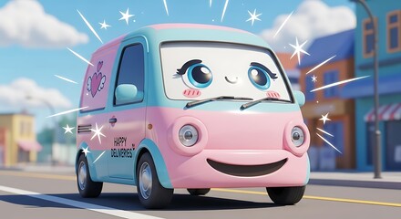 Cute pink and blue cartoon van with big eyes and a smile on a sunny day