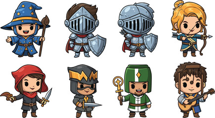 Cartoon characters in fantasy roles stand together. Medieval, rpg, wizard, knight, archer, rogue, cleric, bard, fairytale, adventure, fantasy, hero, funny, cute