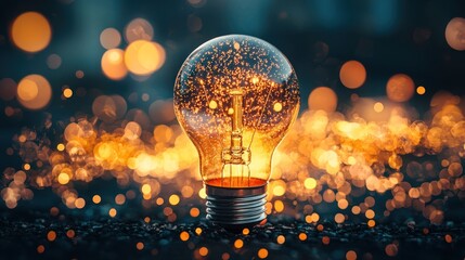 A glowing light bulb emitting a warm, golden glow against a dark, bokeh-lit background.
