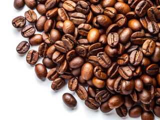 Macro coffee beans cascading snow mountain mist dynamic roasted brown glossy contrast natural textures dramatic detail