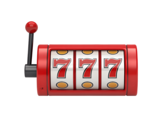 A red slot machine shows three sevens isolated on transparent background