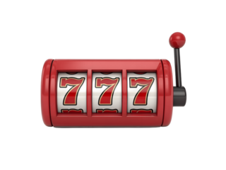 A red slot machine shows three sevens isolated on transparent background
