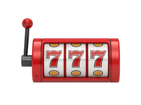 A red slot machine shows three sevens isolated on transparent background