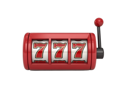 A red slot machine shows three sevens isolated on transparent background - Powered by Adobe