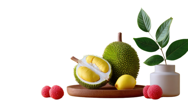 Exotic Durian Feast: A vibrant still life showcasing the king of fruits, the durian, its spiky exterior concealing a creamy, aromatic interior, alongside its companions
