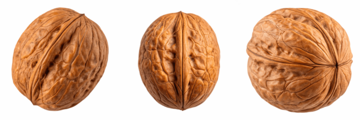 Set For Three walnuts in their shells isolated on transparent background