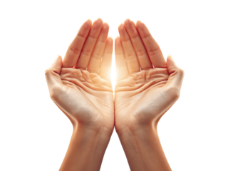 Cupped hands holding a bright light, symbolizing hope and support isolated on transparent background