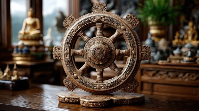 Ornate, golden Dharmachakra, a meticulously crafted decorative wheel, beautifully displayed on a wooden surface.