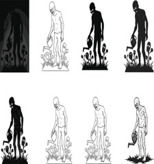 Zombie watering strange plants in dark garden, eerie undead figure, horror illustration, surreal spooky nature, creepy growth and decay concept