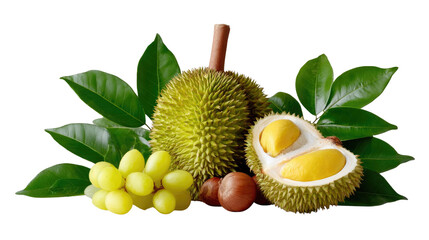 Durian and Other Delights: A tantalizing still life showcases a spiky durian, alongside juicy grapes and a selection of vibrant green leaves. A gourmet display of nature's treats.