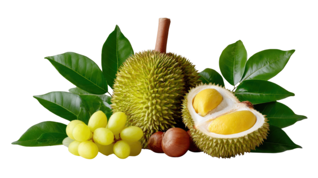 Durian and Other Delights: A tantalizing still life showcases a spiky durian, alongside juicy grapes and a selection of vibrant green leaves. A gourmet display of nature's treats.