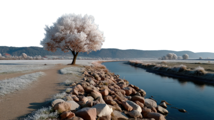 Winter's Serenade: A solitary, frost-kissed tree stands gracefully on a riverside path in a tranquil, snow-covered landscape. The still waters reflect the serene winter vista.