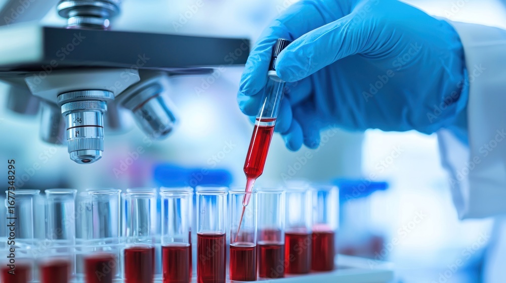 Poster a scientist in a lab coat holding a test tube with a red liquid, with a microscope in the background
