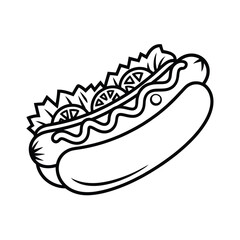 Simple outline drawing of a delicious hot dog with toppings