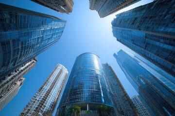 Low-angle view of modern skyscrapers against a clear blue sky. Glass-fronted high-rise buildings cluster around a central, cylindrical structure. Sunlight illuminates the scene