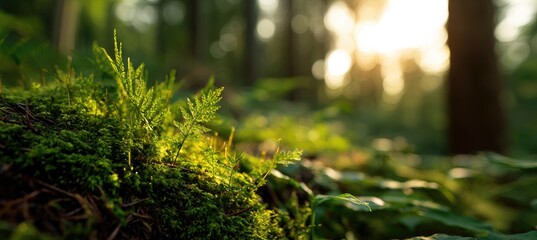 Close-up of ferns and moss illuminated by sunlight in a forest